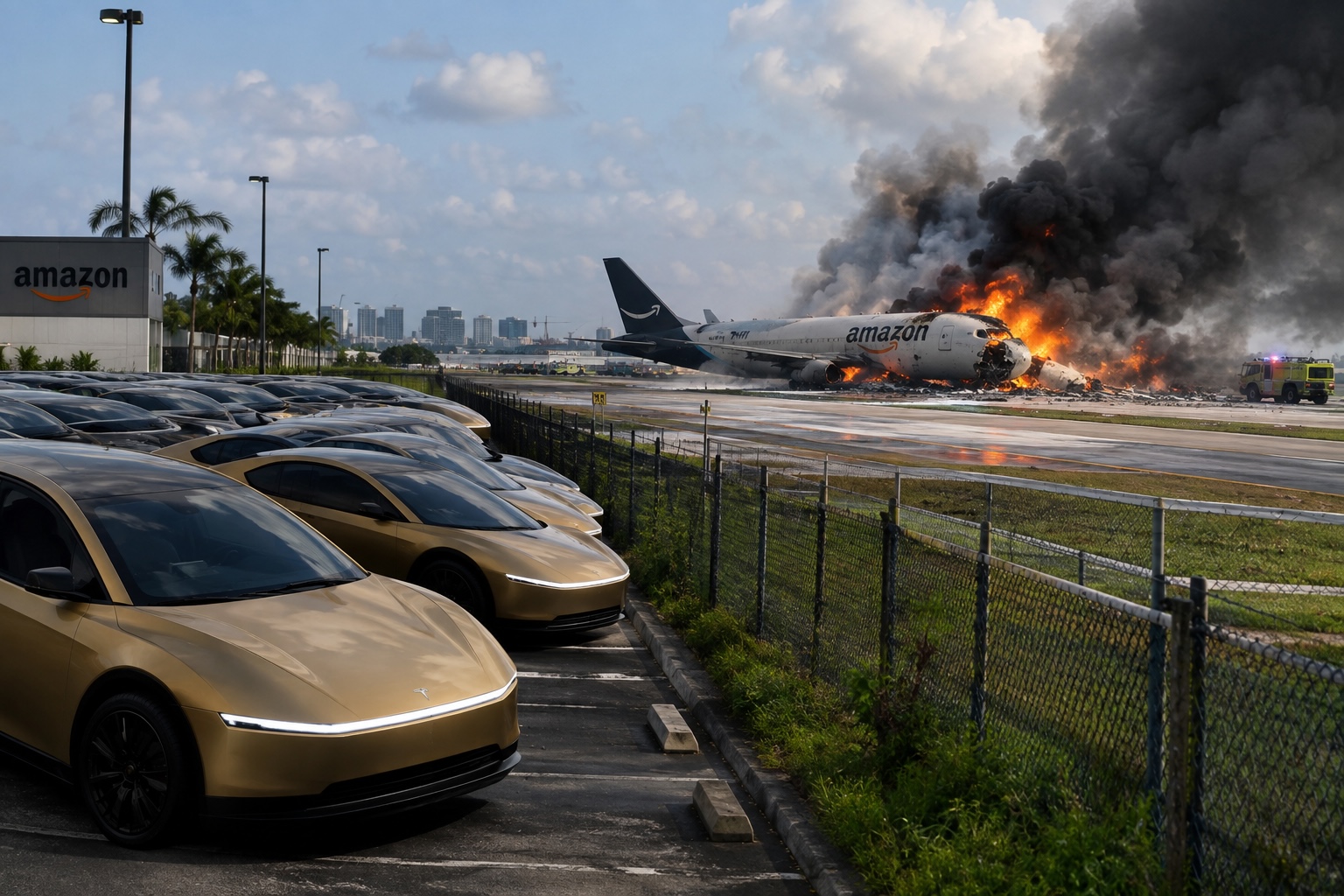 Photorealistic depiction of the Amazon Prime plane crash in Miami on Sep 3, 2026 near a fleet of Tesla Cybercab