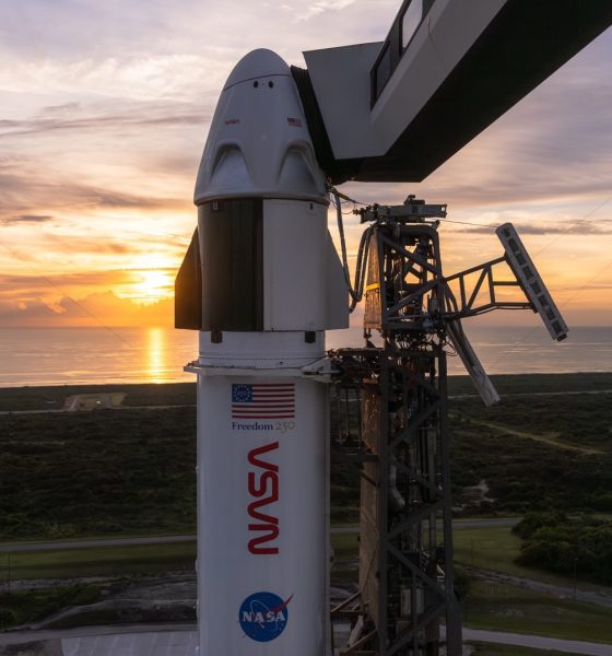 Crew Dragon sits atop Falcon 9 at sunrise on Cape Canaveral's pad 40, less than a day before four astronauts are set to launch to the ISS. (Credit: SpaceX)