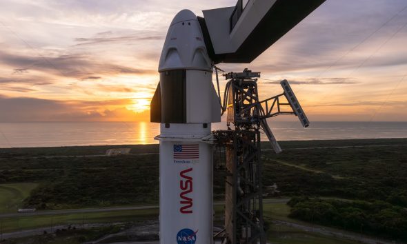 Crew Dragon sits atop Falcon 9 at sunrise on Cape Canaveral's pad 40, less than a day before four astronauts are set to launch to the ISS. (Credit: SpaceX)