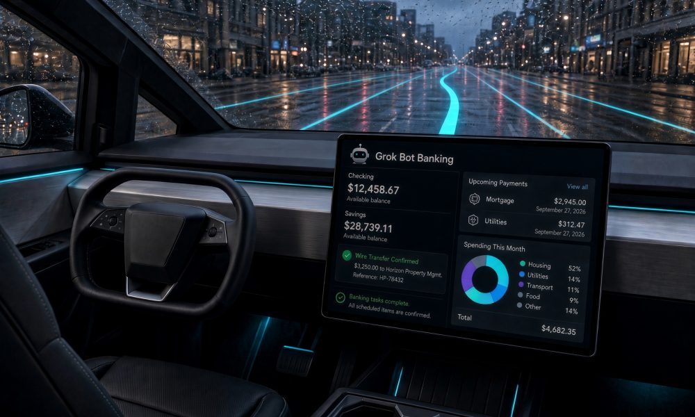 Concept of SuperGrok Bot handling banking in a Tesla via Grok