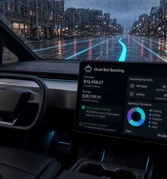 Concept of SuperGrok Bot handling banking in a Tesla via Grok