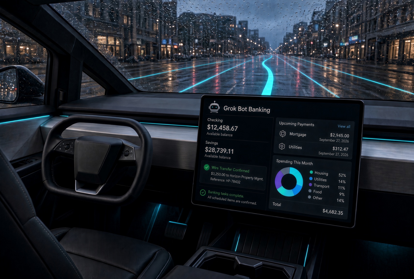 Concept of SuperGrok Bot handling banking in a Tesla via Grok
