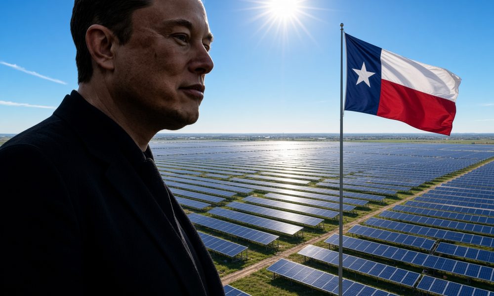 Elon Musk stands in profile against a clear blue sky, with a bright overhead sun shining above a vast landscape of Tesla solar panels stretching to the horizon, and a smaller Texas flag flying on a pole to his right.