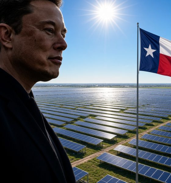 Elon Musk stands in profile against a clear blue sky, with a bright overhead sun shining above a vast landscape of Tesla solar panels stretching to the horizon, and a smaller Texas flag flying on a pole to his right.