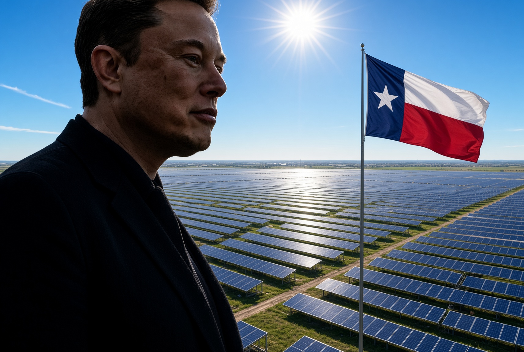 Elon Musk stands in profile against a clear blue sky, with a bright overhead sun shining above a vast landscape of Tesla solar panels stretching to the horizon, and a smaller Texas flag flying on a pole to his right.