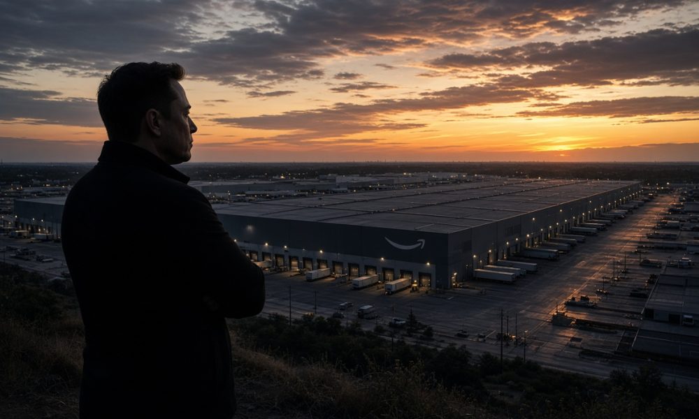 Concept rendering showing a silhouette of Elon Musk, arms folded, overlooking a sprawling modern Amazon warehouse via Grok