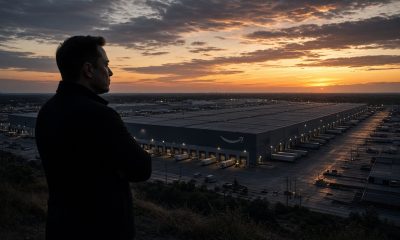 Concept rendering showing a silhouette of Elon Musk, arms folded, overlooking a sprawling modern Amazon warehouse via Grok