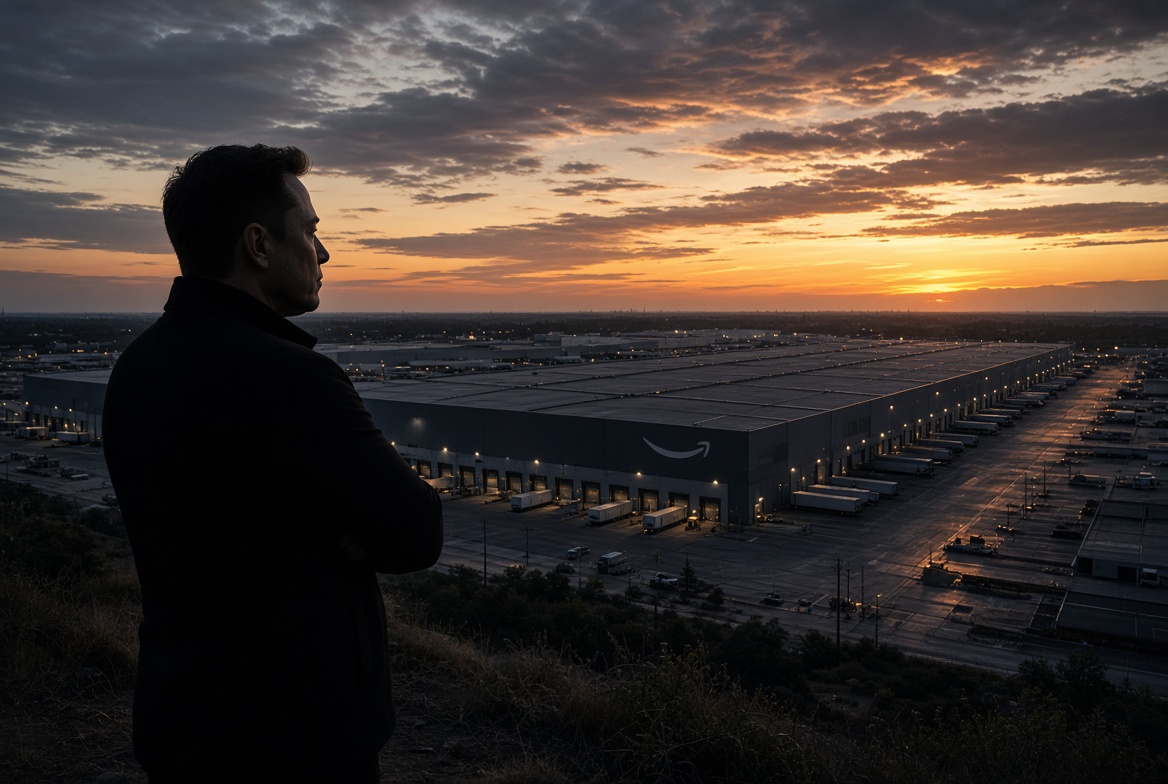 Concept rendering showing a silhouette of Elon Musk, arms folded, overlooking a sprawling modern Amazon warehouse via Grok