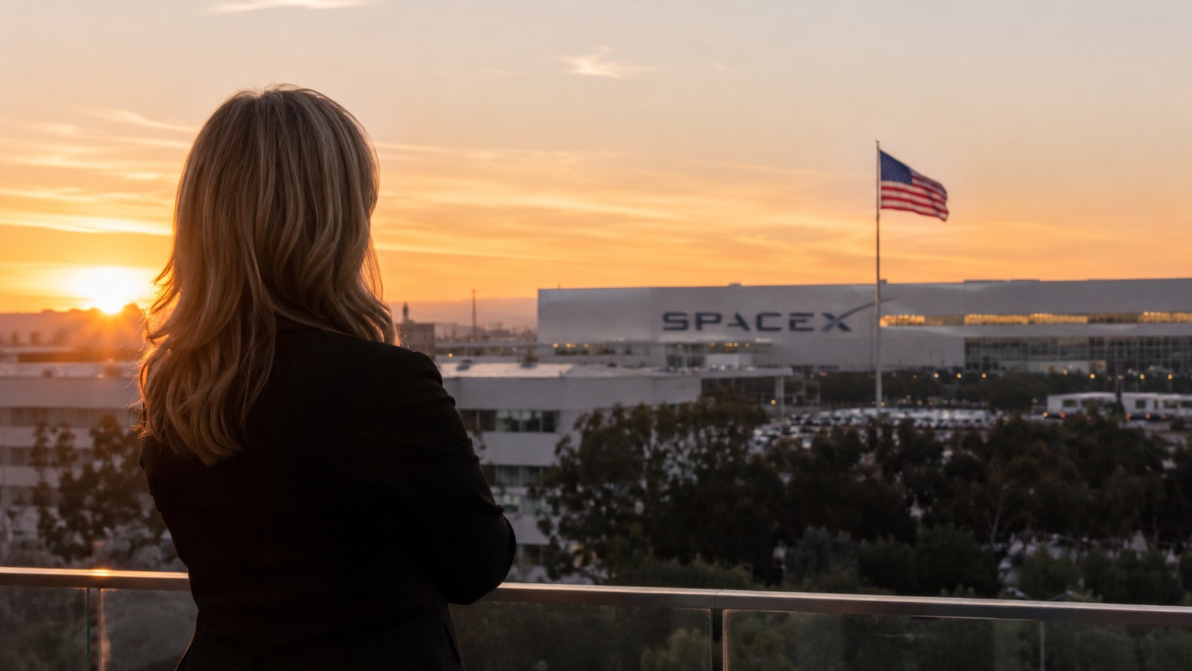 Concept rendering of SpaceX President Gwynne Shotwell overlooks the company’s Hawthorne, California headquarters as an American flag flies over the campus at sunset.