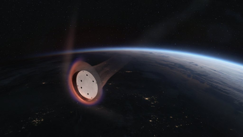 An artist’s illustration of a SpaceX Starfall capsule reentering Earth’s atmosphere. (Image: SpaceX)