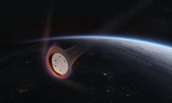 An artist’s illustration of a SpaceX Starfall capsule reentering Earth’s atmosphere. (Image: SpaceX)