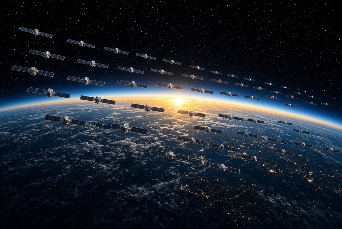 Concept rendering of SpaceX Starmind constellation via Grok