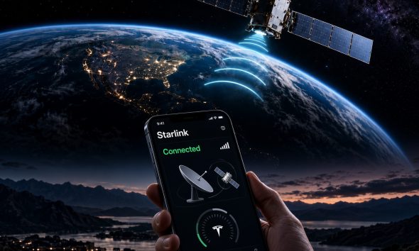 A hand holds a smartphone displaying the Starlink Mobile app interface showing a strong “Connected – Direct to Cell” signal, with a Starlink satellite beaming connectivity signals down to Earth from orbit. The background features the planet’s night side glowing with city lights against the curve of the atmosphere, set above a scenic twilight landscape.