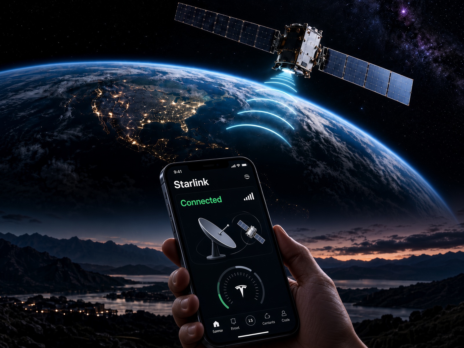 A hand holds a smartphone displaying the Starlink Mobile app interface showing a strong “Connected – Direct to Cell” signal, with a Starlink satellite beaming connectivity signals down to Earth from orbit. The background features the planet’s night side glowing with city lights against the curve of the atmosphere, set above a scenic twilight landscape.