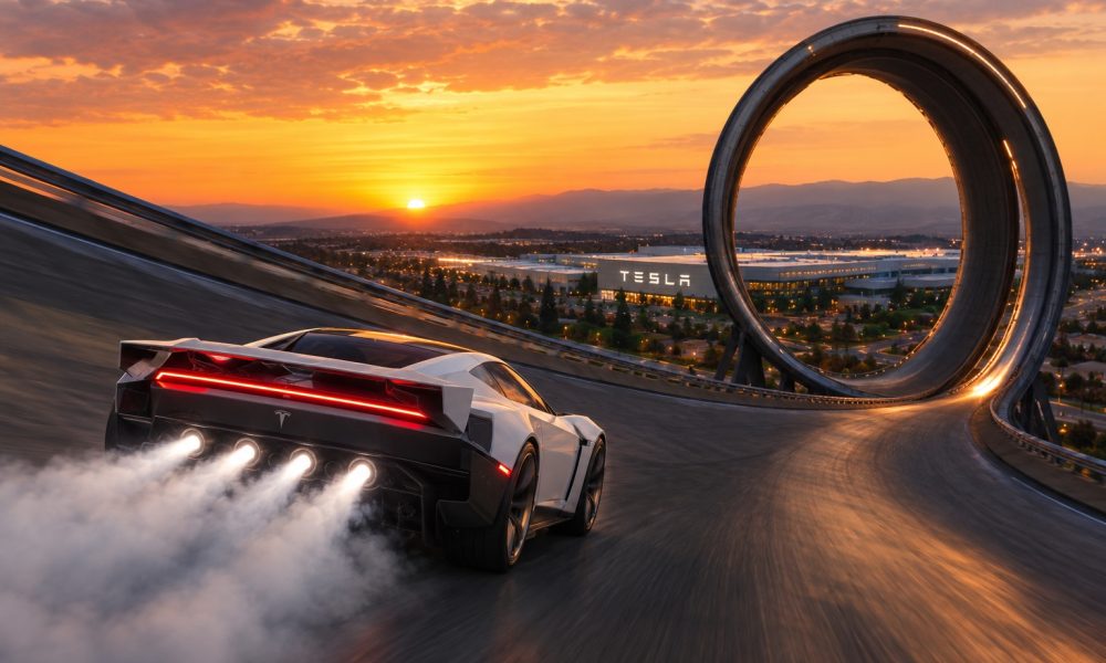 Tesla Promises Autonomous Stunt Mode and Texas Looping Track for Flying Roadster