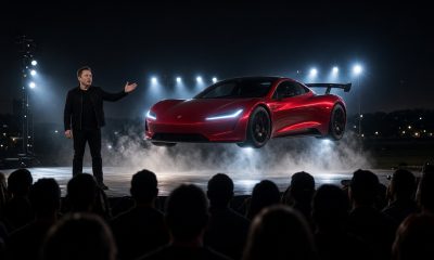 tesla roadster elon musk flying