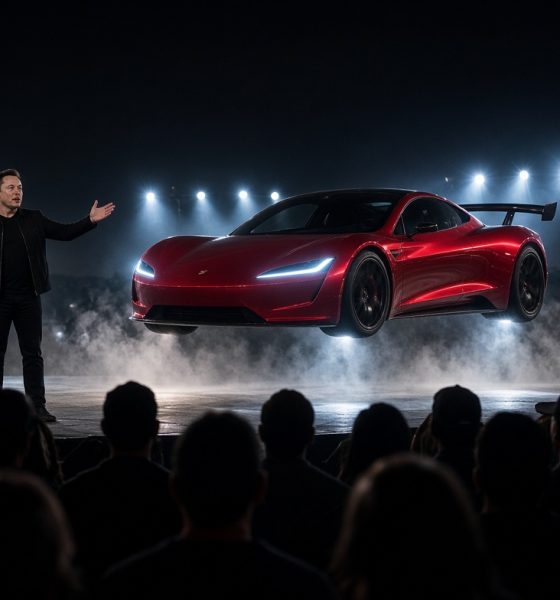 tesla roadster elon musk flying