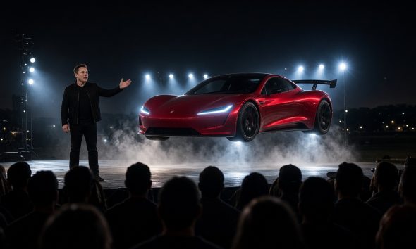 tesla roadster elon musk flying