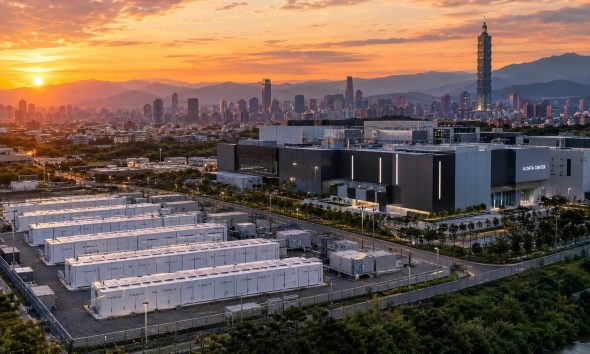 Concept render of Tesla Megapack farm supporting an AI Data Center in Taiwan